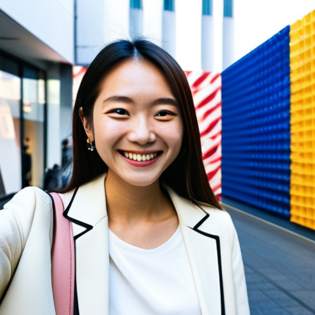 **
A young woman (late 20s), dressed in stylish casual clothing appropriate for visiting an art museum or cinema after work, taking a selfie in front of a vibrant, modern art installation. She’s smiling and holding a coffee cup. The background should hint at a trendy urban area, maybe Shibuya or Omotesando. Focus: relatable, aspirational lifestyle. Keywords: #アート #女子会 #カフェ #休日 (art, girls' night out, cafe, holiday), professional quality, high-resolution, bright lighting.
**