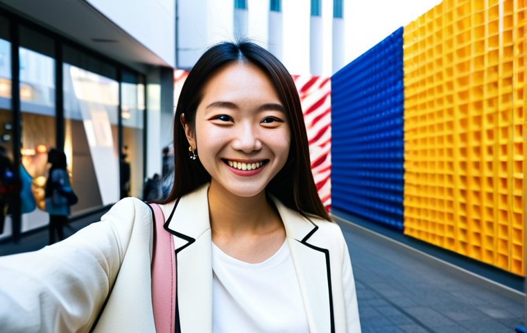 **

A young woman (late 20s), dressed in stylish casual clothing appropriate for visiting an art museum or cinema after work, taking a selfie in front of a vibrant, modern art installation. She’s smiling and holding a coffee cup. The background should hint at a trendy urban area, maybe Shibuya or Omotesando. Focus: relatable, aspirational lifestyle. Keywords: #アート #女子会 #カフェ #休日 (art, girls' night out, cafe, holiday), professional quality, high-resolution, bright lighting.

**