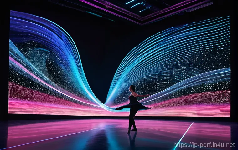 공연예술과 인공지능 - **Prompt:** A breathtaking contemporary dance performance on a futuristic stage. Two graceful dancer...