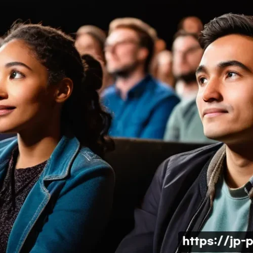 공연 관객 분석과 행동 연구 - A modern theater audience scene focused on diverse spectators wearing casual clothes and light outer...