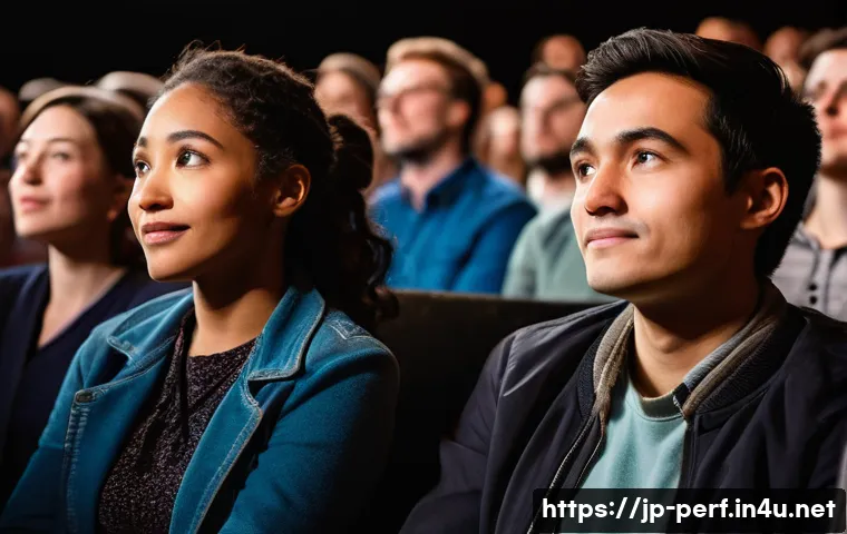 공연 관객 분석과 행동 연구 - A modern theater audience scene focused on diverse spectators wearing casual clothes and light outer...