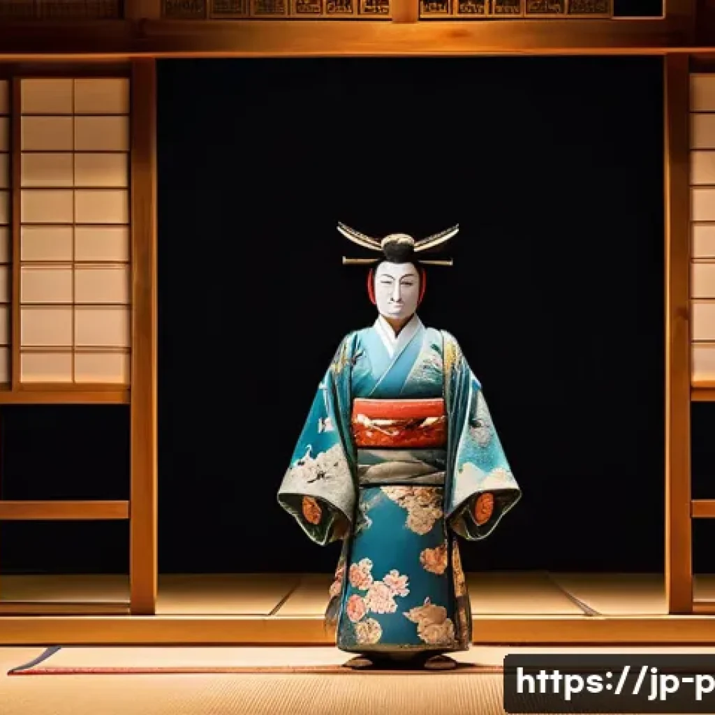 공연예술의 역사 - A traditional Japanese Noh theater stage scene featuring actors wearing elegant, detailed kimono cos...