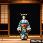 공연예술의 역사 - A traditional Japanese Noh theater stage scene featuring actors wearing elegant, detailed kimono cos...