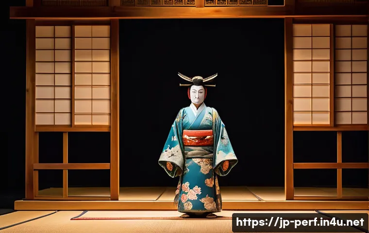 공연예술의 역사 - A traditional Japanese Noh theater stage scene featuring actors wearing elegant, detailed kimono cos...