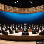 공연예술과 VR 기술 - A futuristic VR theater stage scene showing a diverse audience wearing comfortable VR headsets, seat...