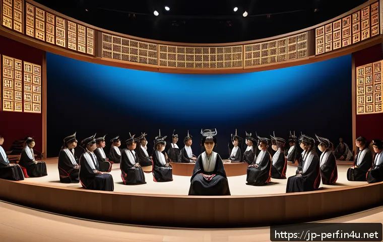 공연예술과 VR 기술 - A futuristic VR theater stage scene showing a diverse audience wearing comfortable VR headsets, seat...
