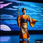 공연예술 분야별 직업 전망 - A futuristic stage performance blending traditional Japanese dance with cutting-edge digital technol...