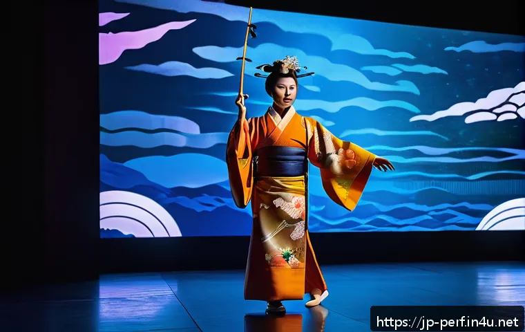 공연예술 분야별 직업 전망 - A futuristic stage performance blending traditional Japanese dance with cutting-edge digital technol...