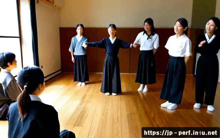 공연예술과 교육 연극 - Photorealistic educational theater workshop in a bright Japanese community arts classroom, a diverse...